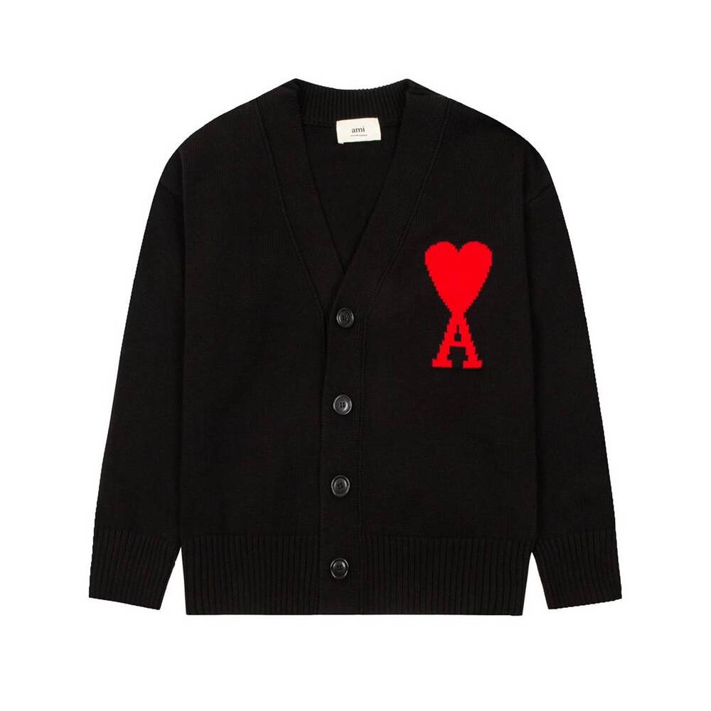 AMI Paris Oversized Black Unisex Red Heart Cardigan